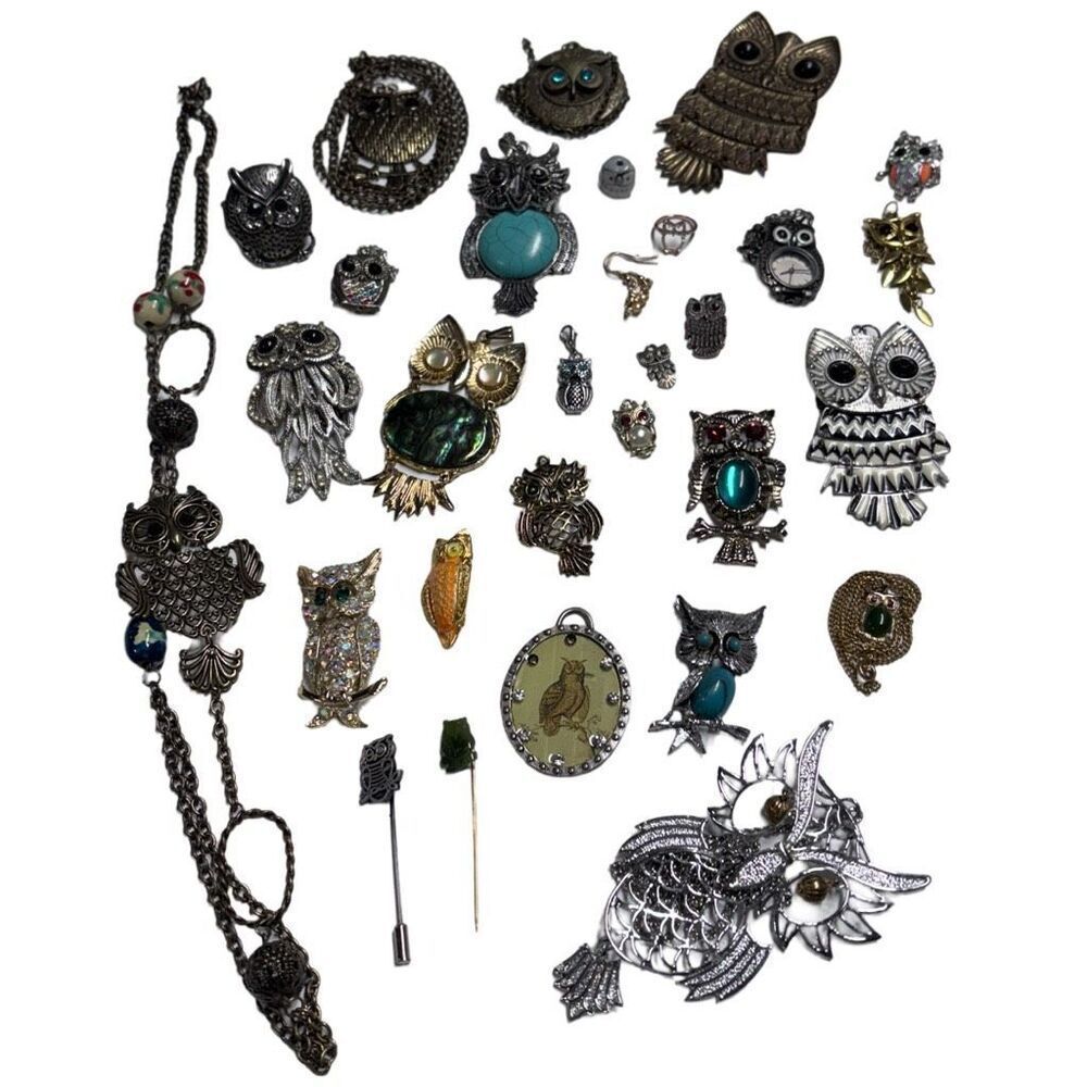 Large 30 Piece Lot Vintage Owl Jewelry Necklaces Brooches Pins Rings Resell